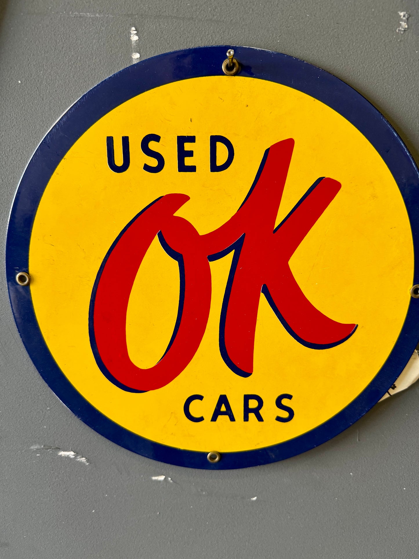 OK used cars porcelain round sign