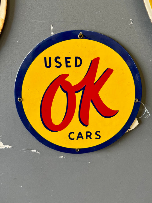 OK used cars porcelain round sign