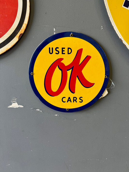 OK used cars porcelain round sign